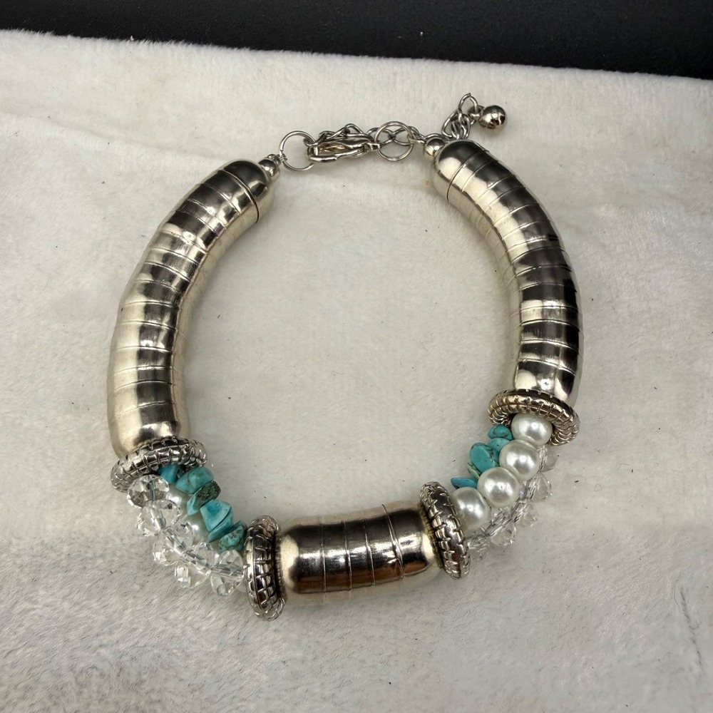 Beaded Bracelet Tube Silver Tone 8"